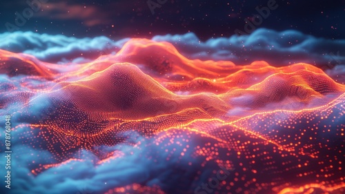 Abstract Futuristic Digital Landscape with Neon Lights and Dotted Grid Patterns, Luminous Waves in Vibrant Pink and Blue Hues Amidst a Starry Night Skyabstract photo