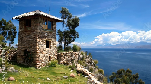 Lovely views on taquile atoll acting an iconic wood tower photo