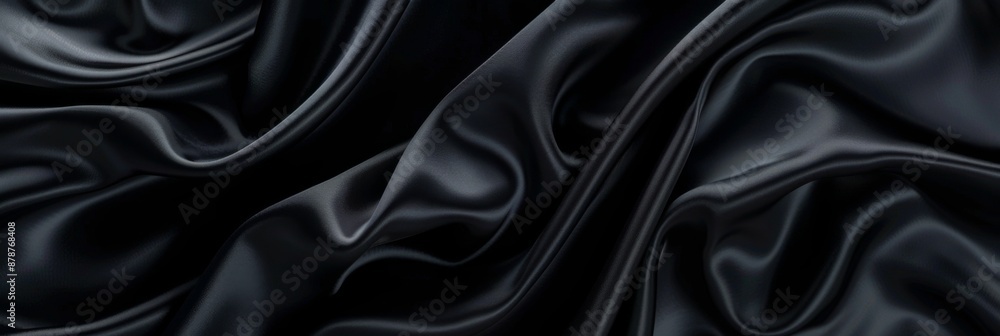 Black drapery silk fabric background. Wavy satin cloth texture pattern. Smooth shiny drape material Black drapery silk fabric background. Wavy satin cloth texture pattern. Smooth shiny drape material