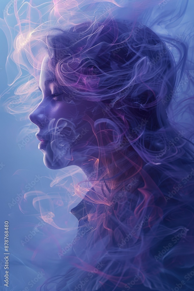 Enchanting portrait of a woman with flowing hair immersed in swirls of colorful smoke creating an ethereal and mystical atmosphereSurreal Enchanting portrait of a woman with flowing hair immersed in swirls of colorful smoke creating an ethereal and mystical atmosphereSurreal