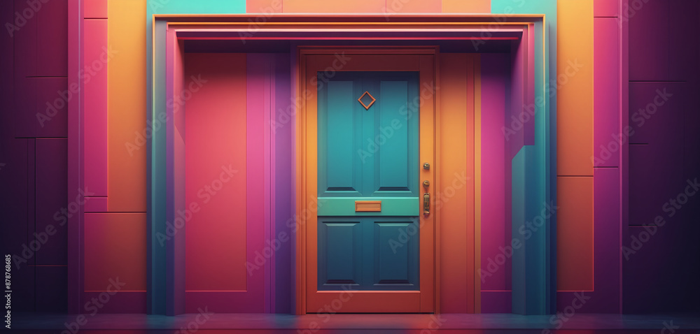 Graphic representation of an entrance door or passageway in neon colors in an illustrative style Graphic representation of an entrance door or passageway in neon colors in an illustrative style