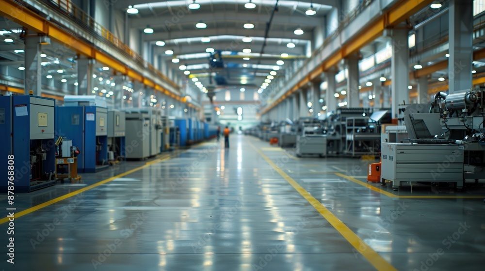 Modern factory interior with large industrial machines and a worker in the distance Modern factory interior with large industrial machines and a worker in the distance