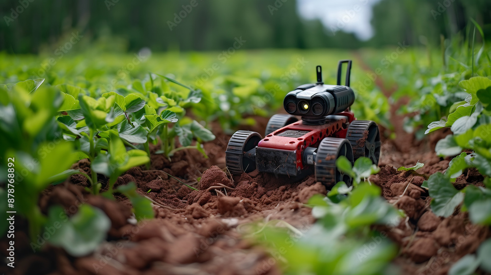 small robot is working in the field, surrounded by green plants and soil. The camera focuses on its red body with black wheels small robot is working in the field, surrounded by green plants and soil. The camera focuses on its red body with black wheels