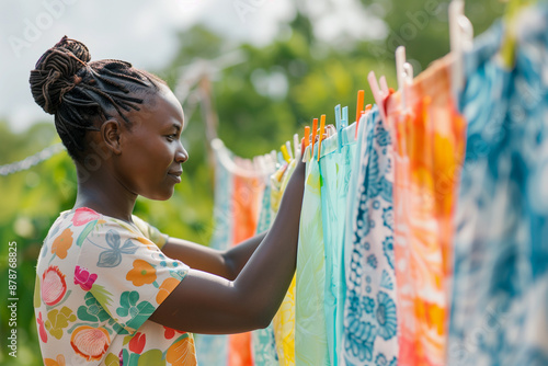 happy black african housewife hangs up the laundry outside, africa