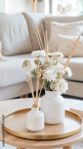 A vase of white roses sits on a gold tray in front of two white candles and a diffuser on a glass coffee table. The table is in front of a white couch with a patterned pillow