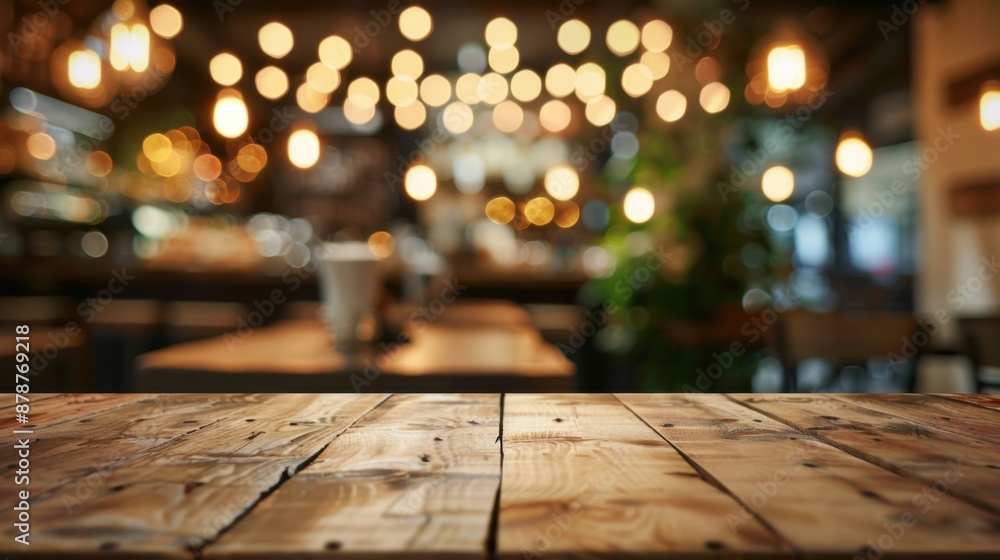 Wooden tabletop in front of blurred bar interior with string lights Wooden tabletop in front of blurred bar interior with string lights