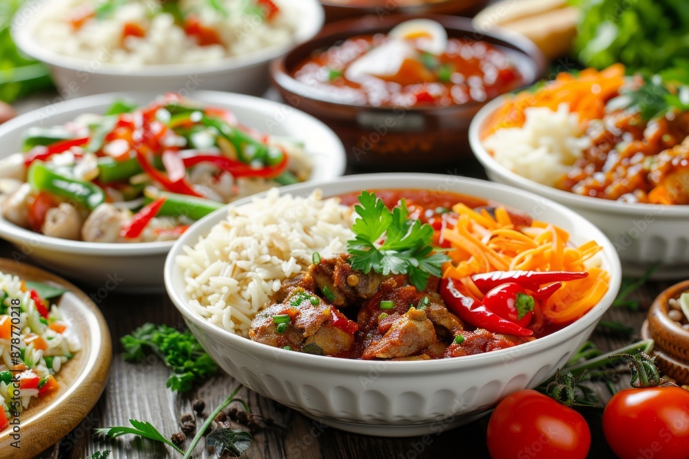 White bowls of rice, meat curry, and stir-fried vegetables are arranged on a wooden table White bowls of rice, meat curry, and stir-fried vegetables are arranged on a wooden table