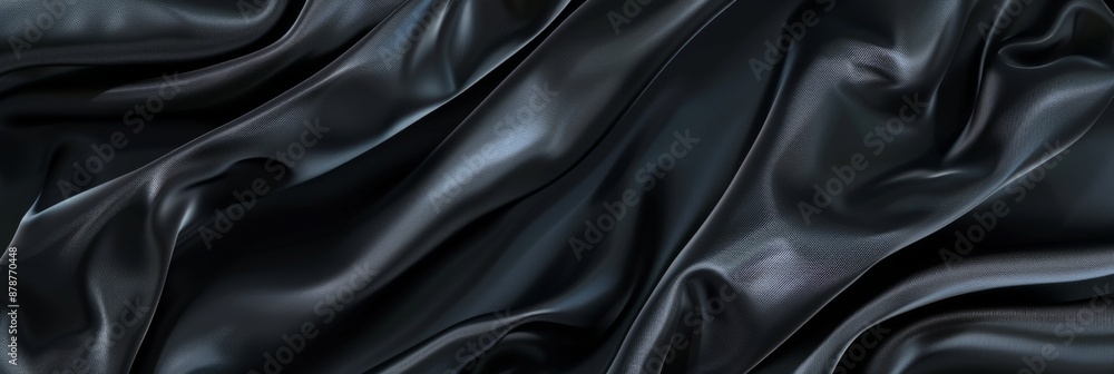 Black drapery silk fabric background. Wavy satin cloth texture pattern. Smooth shiny drape material Black drapery silk fabric background. Wavy satin cloth texture pattern. Smooth shiny drape material