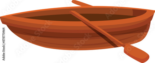 Simple cartoon icon of a small wooden rowing boat floating on water with oars