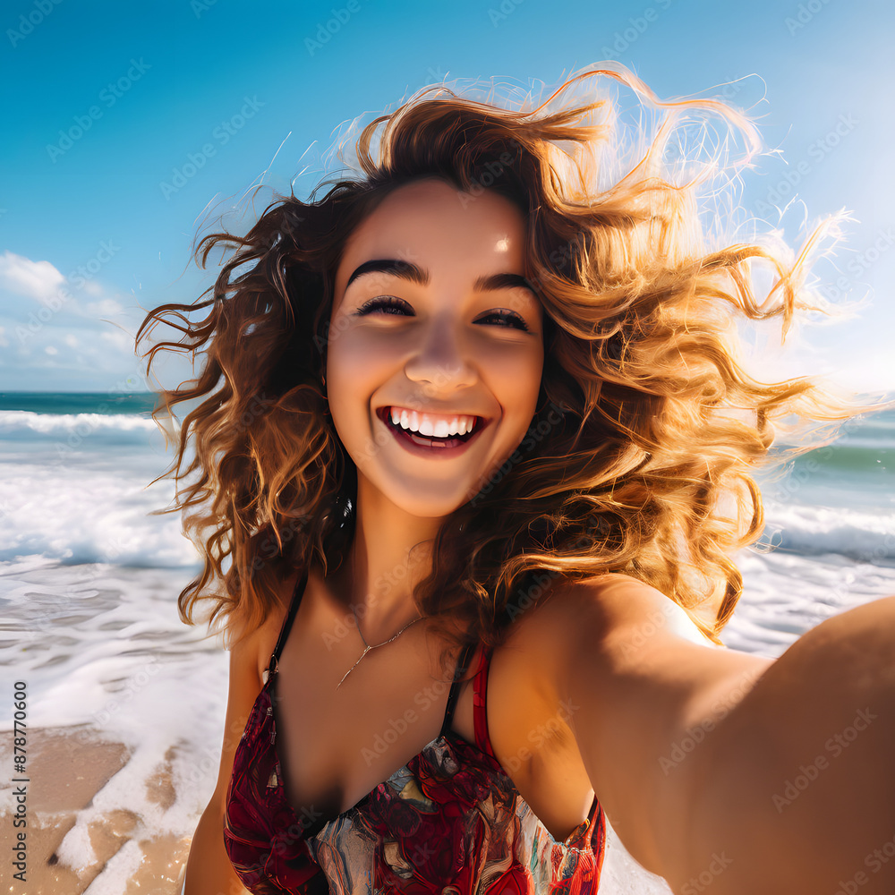 happy woman on beach taking selfie happy woman on beach taking selfie
