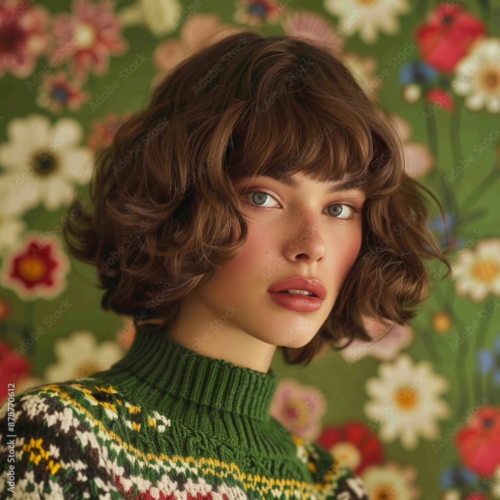 Naklejka premium Portrait of a young woman with curly hair wearing a green sweater with a floral background