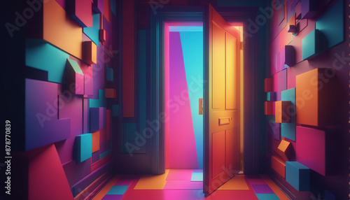 Graphic representation of an entrance door or passageway in neon colors in an illustrative style