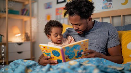 A telephoto angle photo of a parent reading a book to their child, skin-to-skin, in a cozy bedroom setting, with copy space © Наталья Евтехова