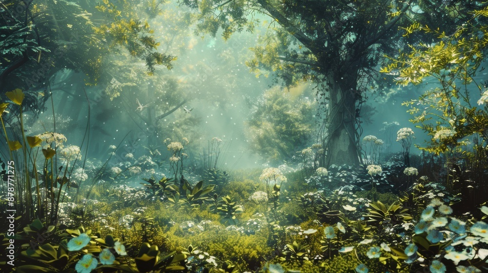 Fototapeta premium A sunlit path through a lush, enchanted forest