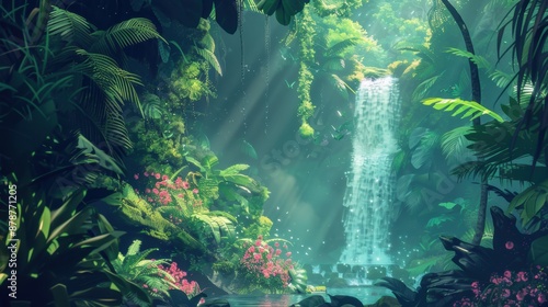 Fototapeta Naklejka Na Ścianę i Meble -  Lush tropical waterfall in a sun-drenched jungle