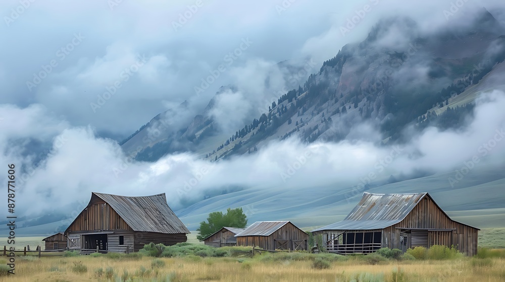 Mormon rows abandoned barns in the backdrop are covered in clouds Mormon rows abandoned barns in the backdrop are covered in clouds