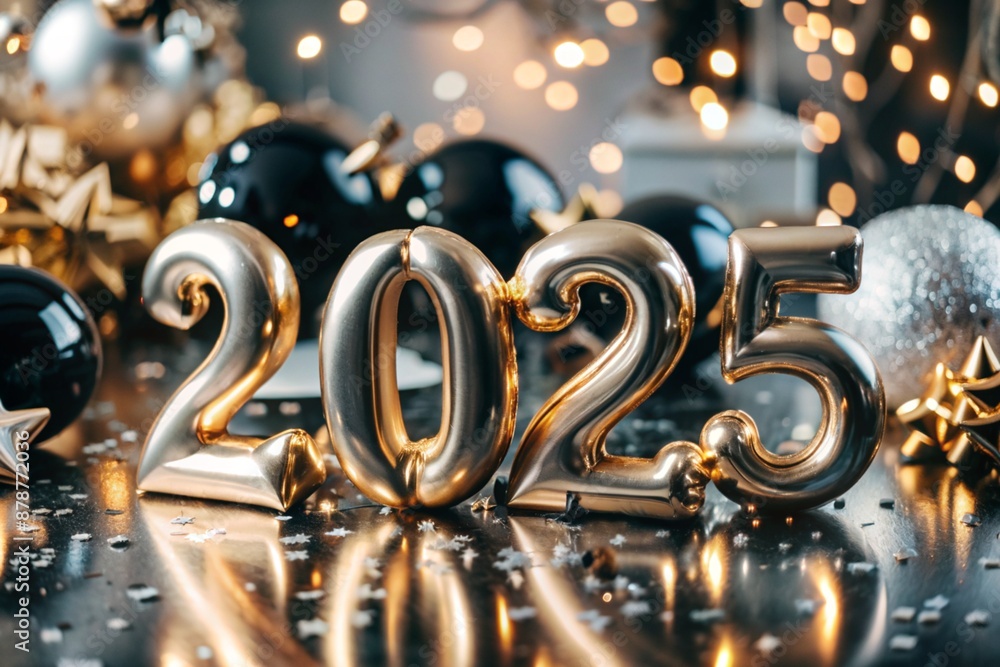 The banner. Happy New Year and Merry Christmas. Gold, shiny 2025 numbers, sequins and a beautiful bokeh on a black background. The flyer. Invitation. The banner. Happy New Year and Merry Christmas. Gold, shiny 2025 numbers, sequins and a beautiful bokeh on a black background. The flyer. Invitation.