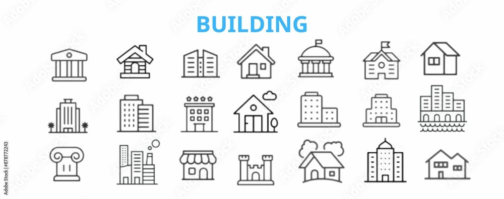 Building web icons in line style. Hotel, hospital, apartament, city, town house, mall, coffee, collection. Vector illustration. Building web icons in line style. Hotel, hospital, apartament, city, town house, mall, coffee, collection. Vector illustration.