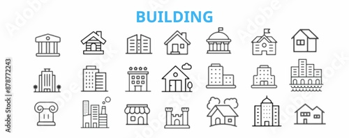 Building web icons in line style. Hotel, hospital, apartament, city, town house, mall, coffee, collection. Vector illustration.