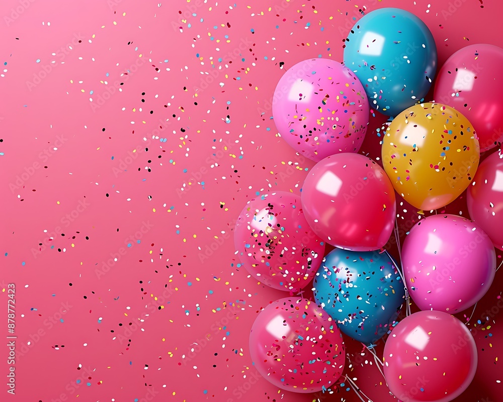 Festive pink background with balloons and confetti for celebration or party, shown from above. Space for text. Festive pink background with balloons and confetti for celebration or party, shown from above. Space for text.
