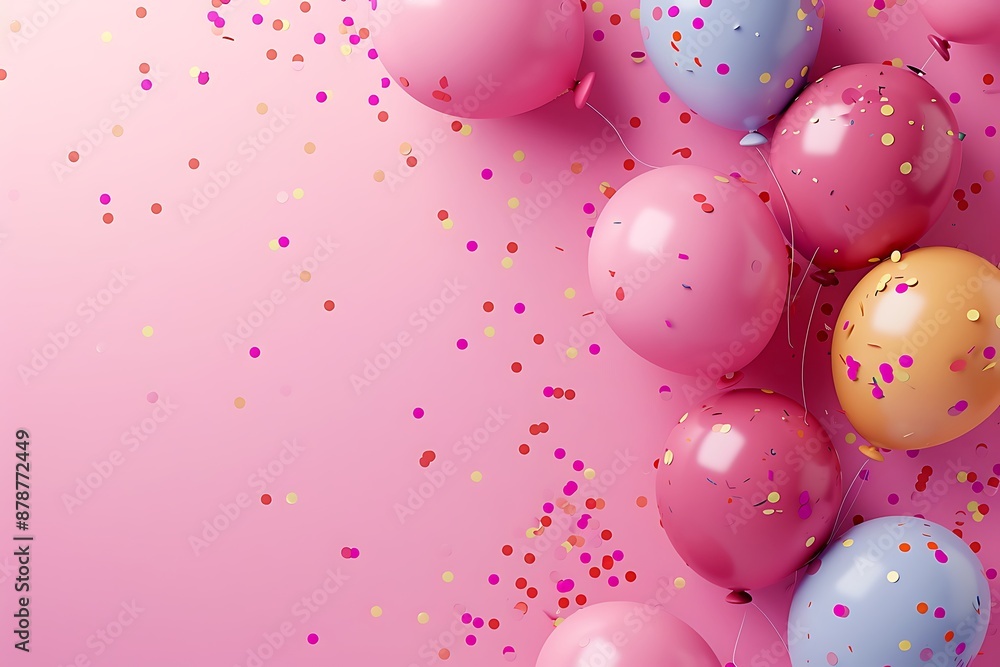 Festive pink background with scattered balloons and confetti for a celebration or party, top view. Space for text. Festive pink background with scattered balloons and confetti for a celebration or party, top view. Space for text.