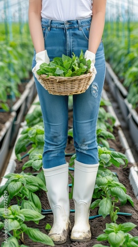 A woman in white boots and jeans holds a basket full of freshly picked tomatoes in a greenhouse. She is standing in a row of tomato plants