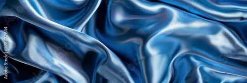 Blue drapery silk fabric background. Wavy satin cloth texture pattern. Smooth shiny drape material