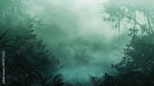 Fototapeta Naklejka Na Ścianę i Meble -  Dense jungle fog envelopes lush tropical foliage