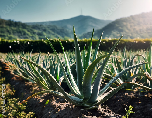 Photo of aloe vera plant with soft blur background in plantation