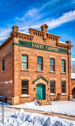 Casper, Wyoming, USA - March 16, 2024: Exterior of brick building with sign for Fort Casper Museum. Taken on winter day. History and educational concepts. photo