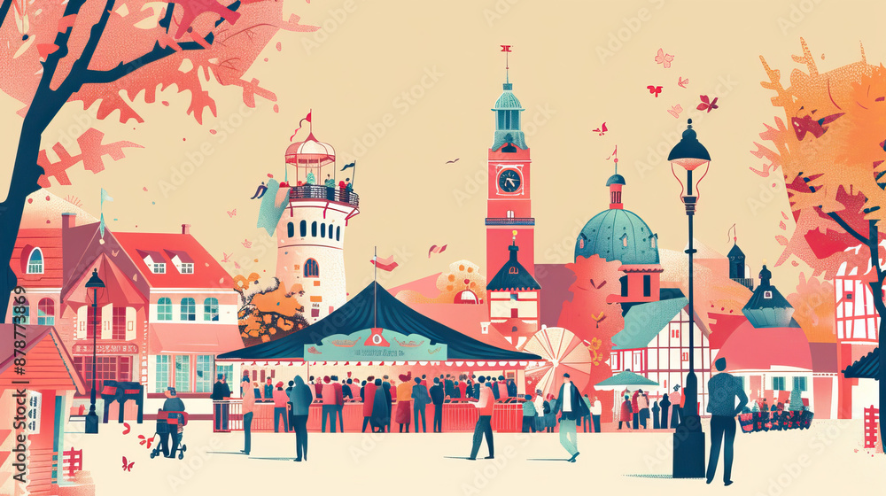 Fototapeta premium Risograph riso print travel poster, card, wallpaper or banner illustration, modern, isolated, clear and simple of Oktoberfest, Munich, Germany. Artistic, screen printing, stencil