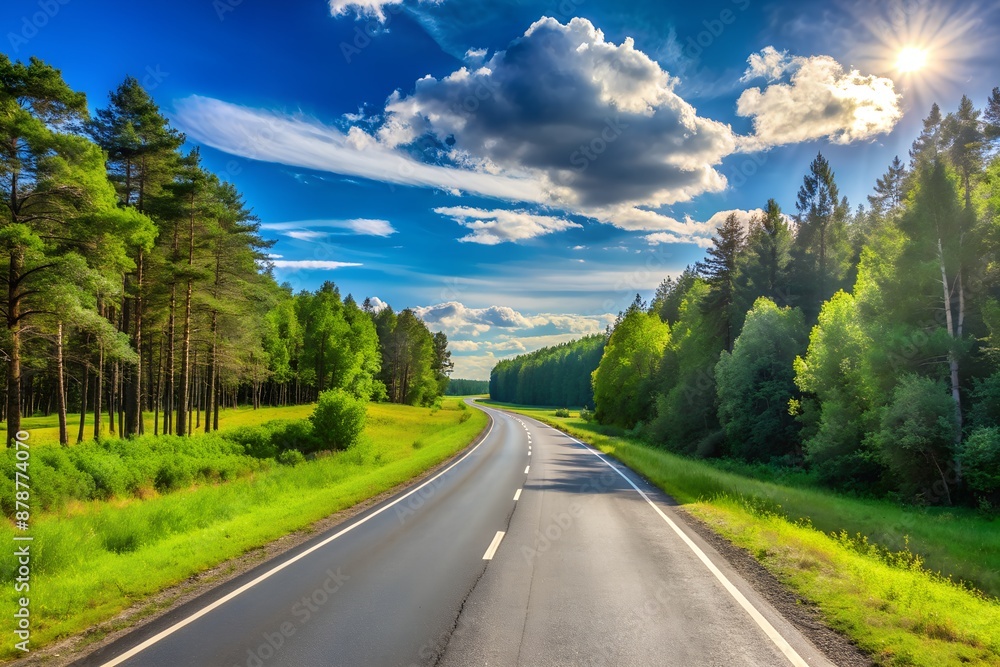 Fototapeta premium highway road in the countryside, roadside and asphalt, green forest and blue sky on a sunny day