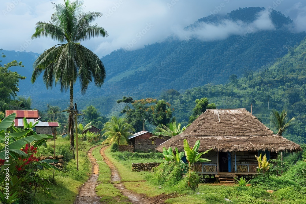A scenic path winds through a lush, mountainous region, leading to a traditional thatched-roof home surrounded by palm trees and vibrant vegetation A scenic path winds through a lush, mountainous region, leading to a traditional thatched-roof home surrounded by palm trees and vibrant vegetation