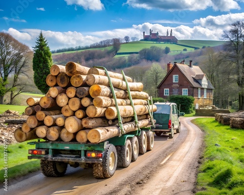 Timber carrier transports logs on a trailer on rural road on a spring day against a field and country house - commercial timber cutting, wood trading photo