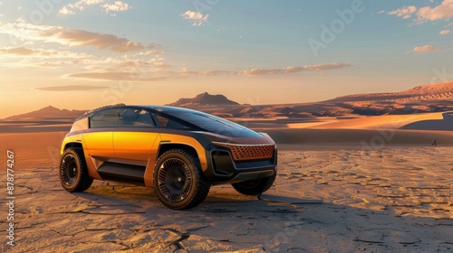 Golden suv parked in desert landscape at sunset