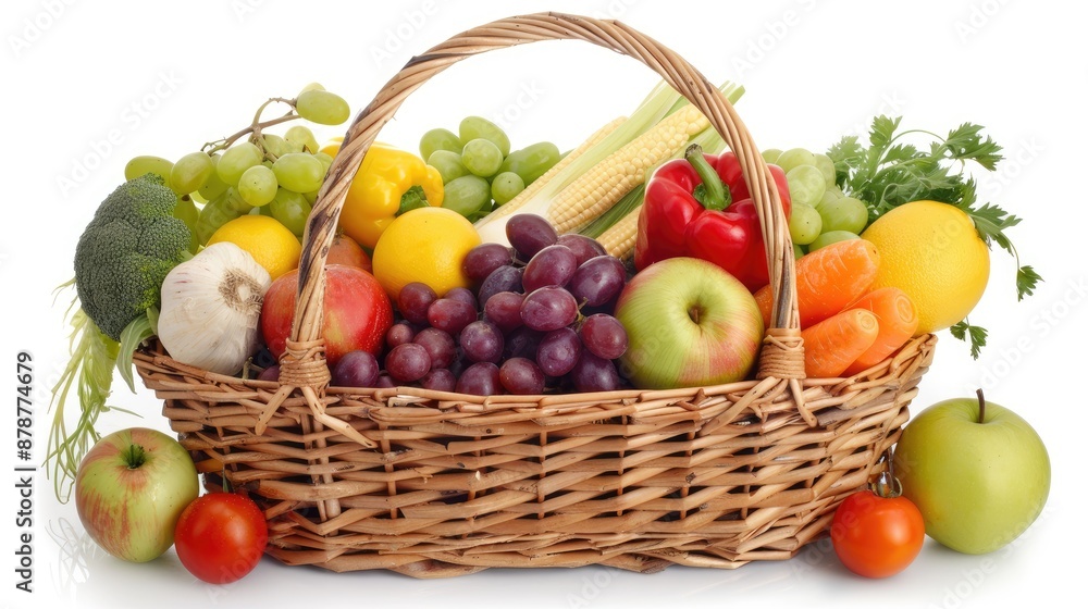 A basket on a counter holds green , purple grapes, a green apple, oranges, green peppers, zucchini, parsley, broccoli A basket on a counter holds green , purple grapes, a green apple, oranges, green peppers, zucchini, parsley, broccoli