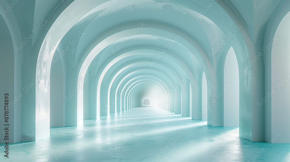 Ethereal White & Blue Arched Hallway with Glowing Light & Reflection Ethereal White & Blue Arched Hallway with Glowing Light & Reflection