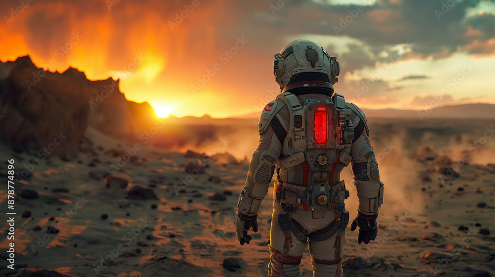 Fototapeta premium A cinematic still of an astronaut wearing a white and brown suit with black gloves walking on the planet Mars. He has his back to the camera, with dust around him