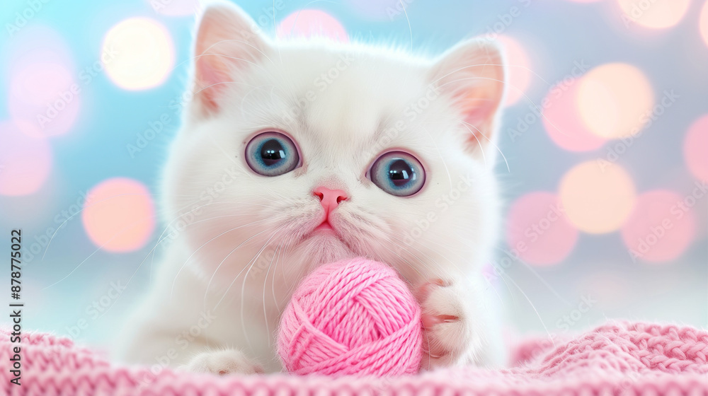 Adorable Kitten with Blue Eyes Playing with Pink Yarn Ball. Cute Pet Photography Adorable Kitten with Blue Eyes Playing with Pink Yarn Ball. Cute Pet Photography