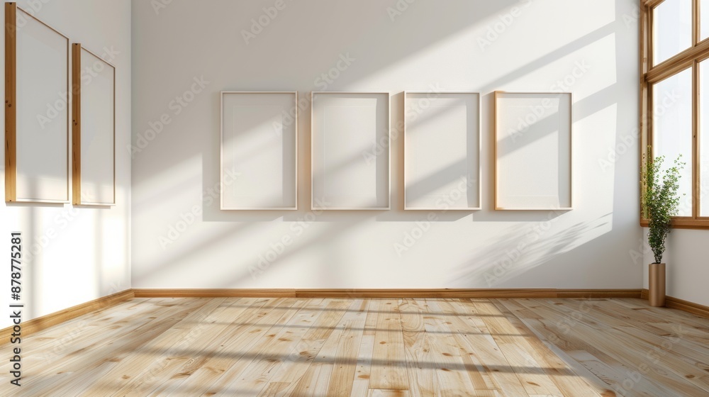 Obraz premium Empty picture frames on white wall in sunlit room