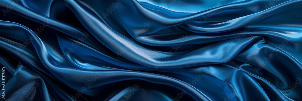 Blue drapery silk fabric background. Wavy satin cloth texture pattern. Smooth shiny drape material Blue drapery silk fabric background. Wavy satin cloth texture pattern. Smooth shiny drape material