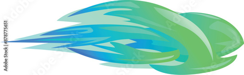 Blue and green abstract shape stretching and flowing to the left on a white background