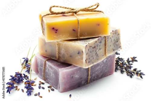 Three different bars of handmade soap with herbs and lavender isolated on white background