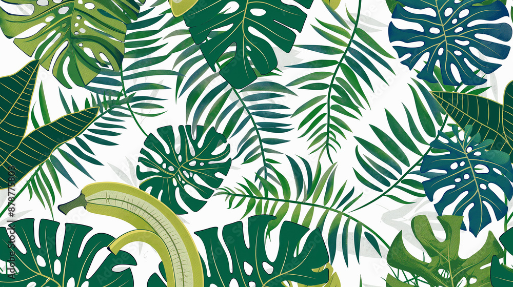 Fototapeta A tropical scene with green leaves and a banana
