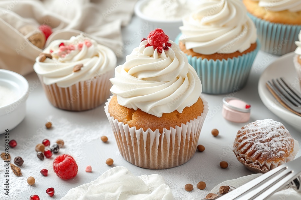 Homemade cupcakes with berries and whipped cream on wooden background Homemade cupcakes with berries and whipped cream on wooden background