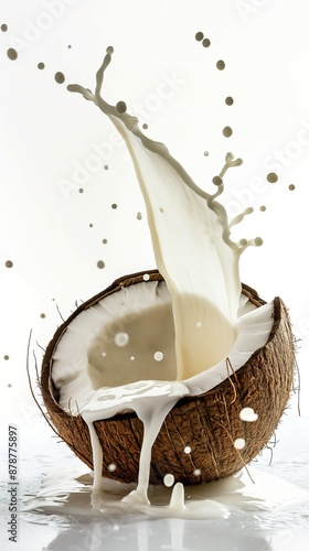 Coconut with milk splash isolated on white background, close up shot photo