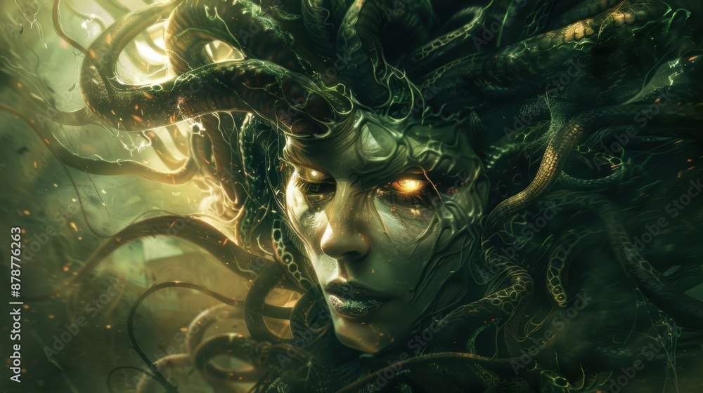A close up portrait of medusa with glowing eyes A close up portrait of medusa with glowing eyes