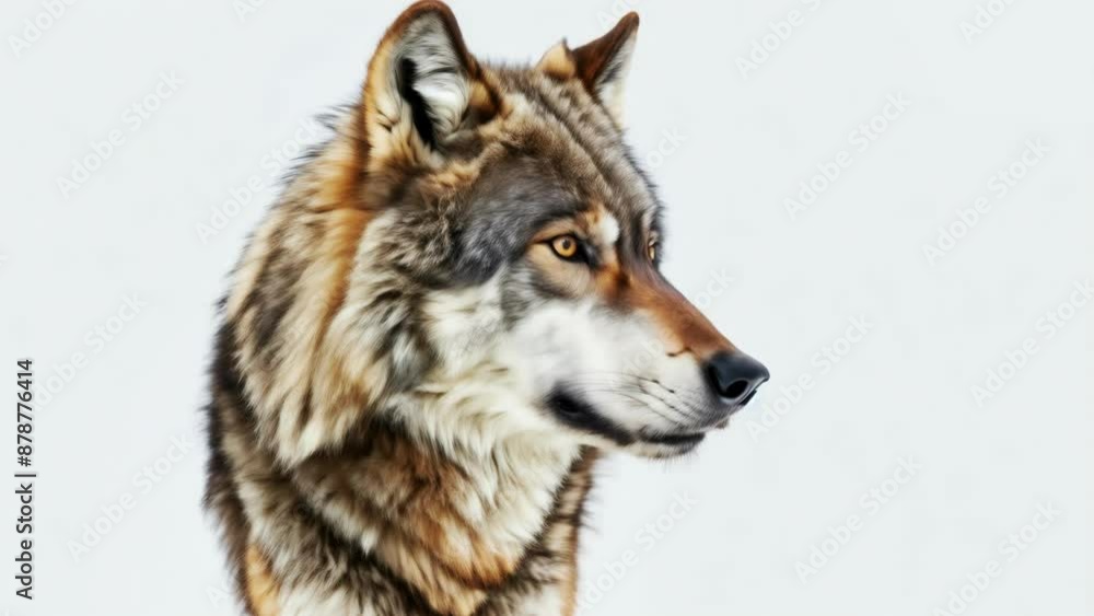 Majestic Wolf Portrait: Gray Wolf with Piercing Yellow Eyes Gazes into the Distance. Wildlife, Nature, Predator Concept. Majestic Wolf Portrait: Gray Wolf with Piercing Yellow Eyes Gazes into the Distance. Wildlife, Nature, Predator Concept.