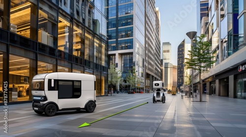 A small, white, self-driving delivery robot travels along a city sidewalk, passing by a delivery van and pedestrians