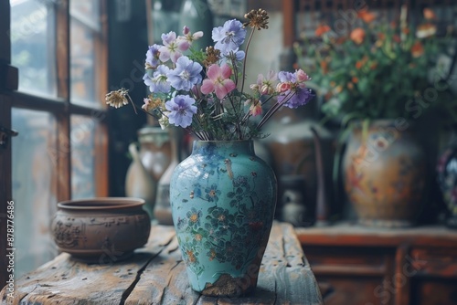 Wallpaper Mural A blue and white vase with a floral pattern sits on a rustic wooden table, filled with a beautiful arrangement of purple and pink flowers Torontodigital.ca